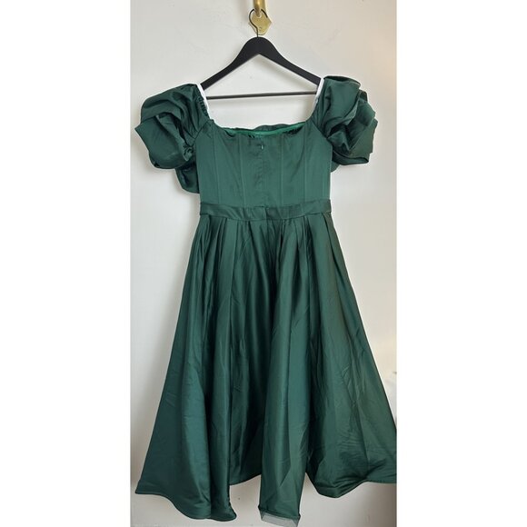 MAC DUGGAL Ruffle Off the Shoulder Satin Midi Cocktail Dress in Emerald US 10 - Picture 7 of 11